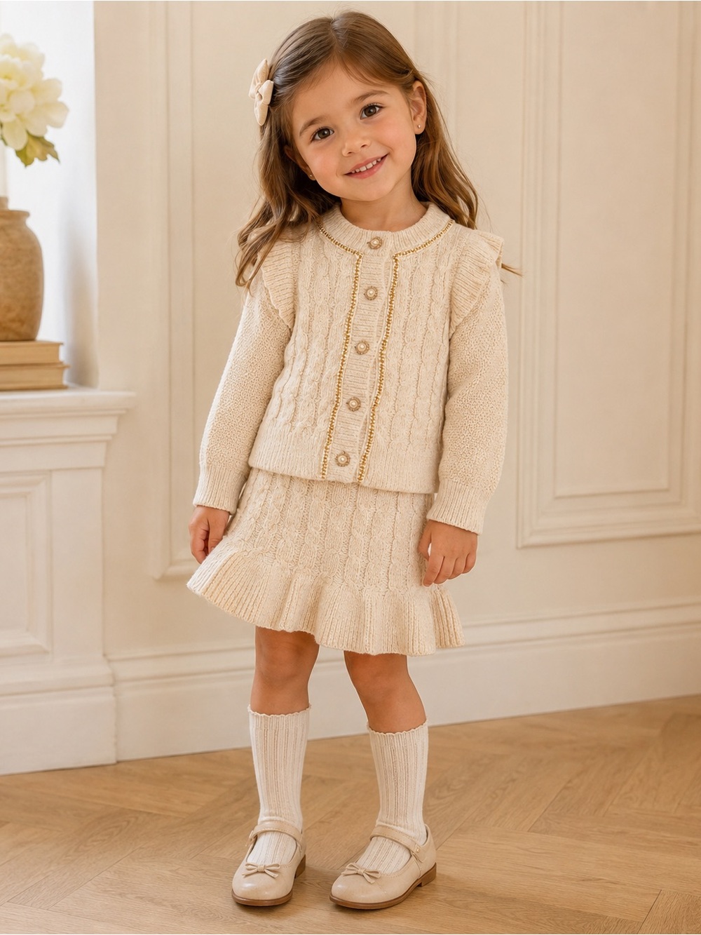 Badgley Mischka Girls Cream Cable Knit Matching Cardigan & Skirt Set with Bow